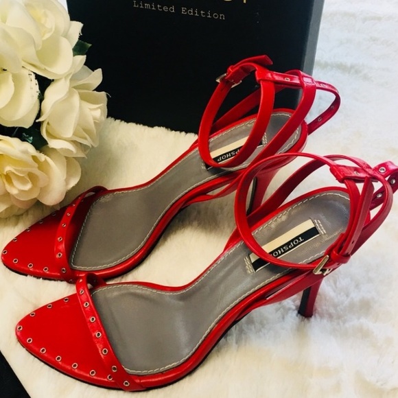 TOPSHOP Studded Limited Edition “Paisley” Leather Ankle Heels Red EU 39 / US 8.5 - Picture 2 of 15